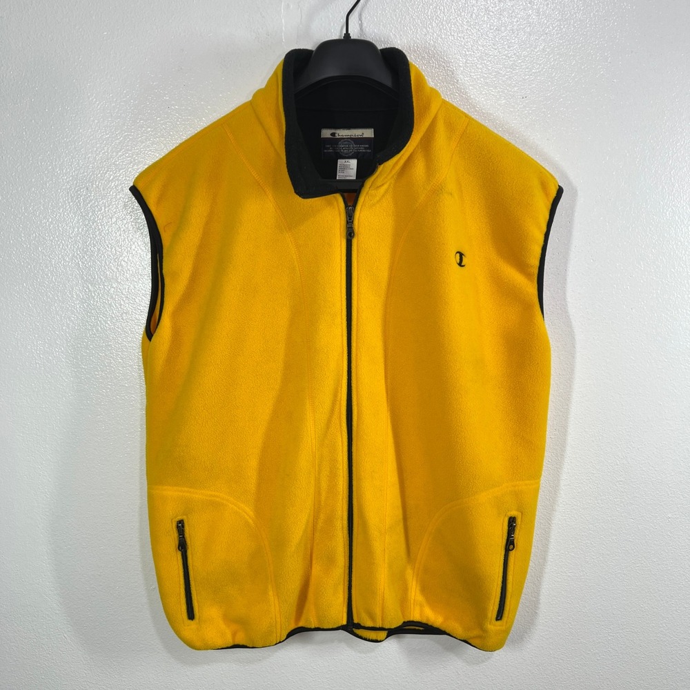 Rare Vtg 90s Champion Fleece Vest XXL Yellow Black Trim Gorpcore Spring Layering